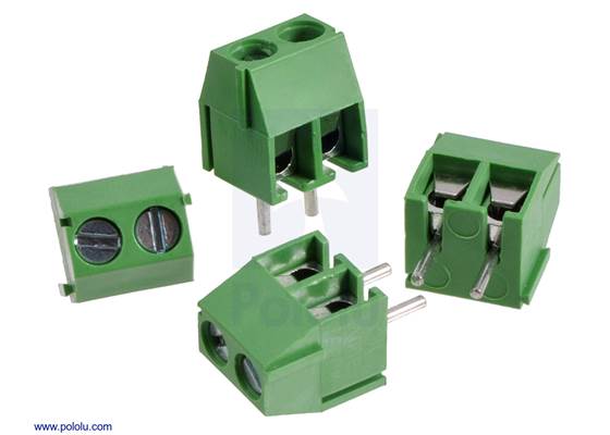 Screw terminal blocks: 2-pin, 3.5 mm pitch, side entry.