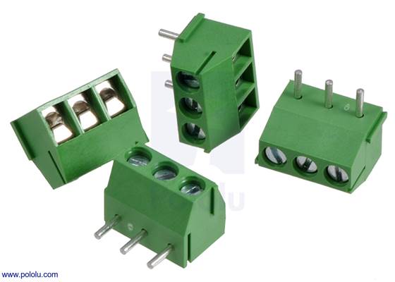 Screw terminal blocks: 3-pin, 3.5 mm pitch, top entry.