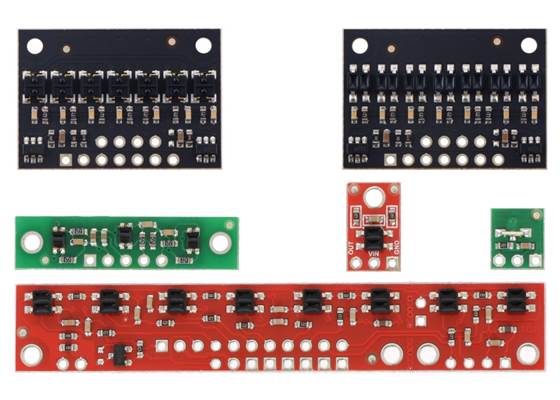 QTR sensor size comparison. Top row: QTRX-HD-07, QTR-HD-07; middle row: QTR-3, QTR-1, QTR-L-1; bottom row: QTR-8.