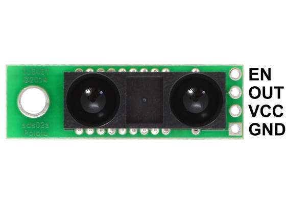 Pololu Carrier with Sharp GP2Y0A60SZLF Analog Distance Sensor 10-150cm, front view with labeled pinout.