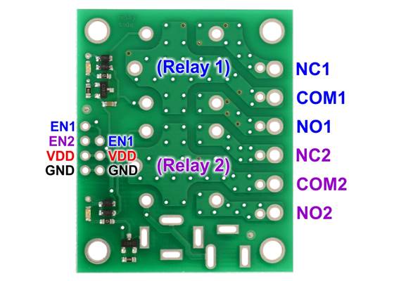 Pinout of Pololu basic 2-channel SPDT relay carrier for &#8220;sugar cube&#8221; relays.