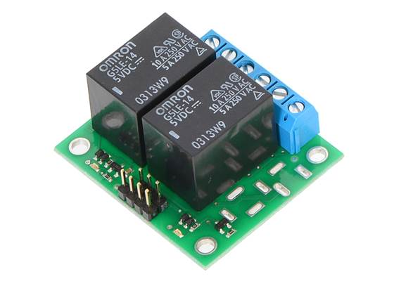 Pololu basic 2-channel SPDT relay carrier with 5&nbsp;VDC relays (assembled).