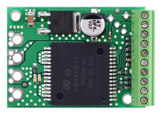 0.1″ screw terminal block being used with a VNH5019 motor driver carrier in place of the included 0.1″-pitch male header. (1)