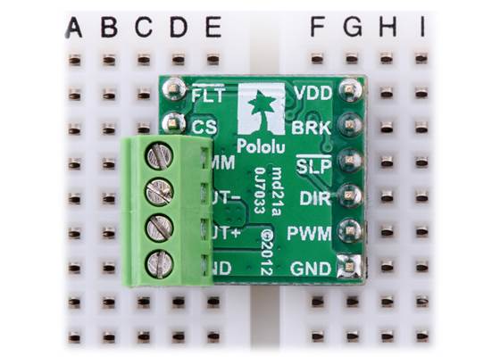 Using a 4-pin 0.1″ screw terminal block for the motor and motor power connections on the #2136 DRV8801 dual motor driver carrier.