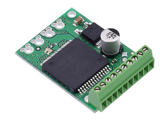 0.1″ screw terminal block being used with a VNH5019 motor driver carrier in place of the included 0.1″-pitch male header.