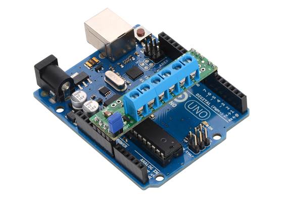 Pololu DRV8835 Dual Motor Driver Shield on an Arduino Uno.