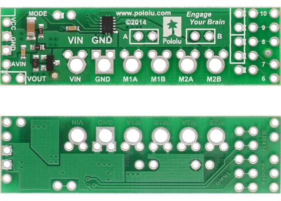 Pololu DRV8835 Dual Motor Driver Shield for Arduino, top and bottom sides.