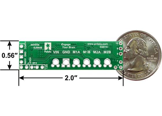 Pololu A4990 Dual Motor Driver Shield for Arduino, top view with dimensions.