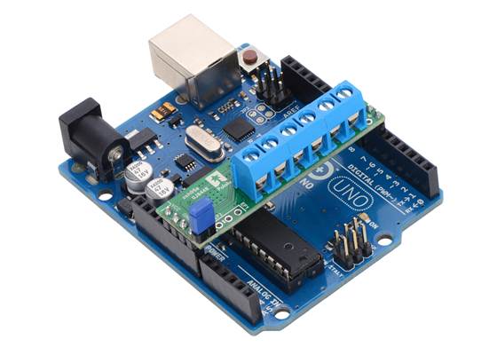 Pololu A4990 Dual Motor Driver Shield on an Arduino Uno.