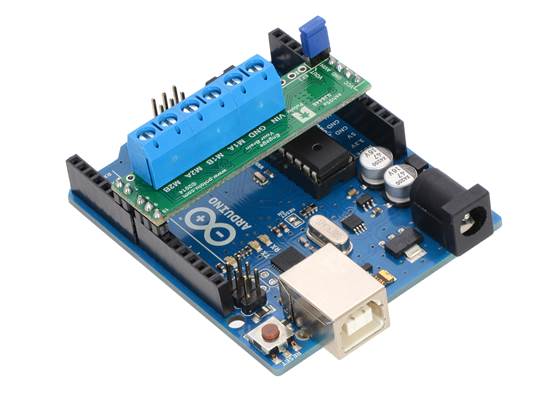 Pololu A4990 Dual Motor Driver Shield on an Arduino Uno. (1)