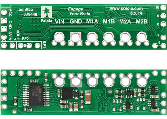 Pololu A4990 Dual Motor Driver Shield for Arduino, top and bottom sides.