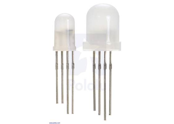 Two different sizes of addressable RGB LED.  From left to right, their diameters are: 5 mm (#2535) and 8 mm (#2536).