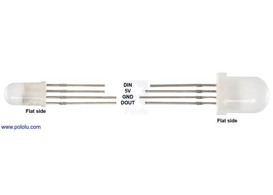 Pinout of 5&nbsp;mm and 8&nbsp;mm addressable RGB WS2811 LEDs with diffused lenses.