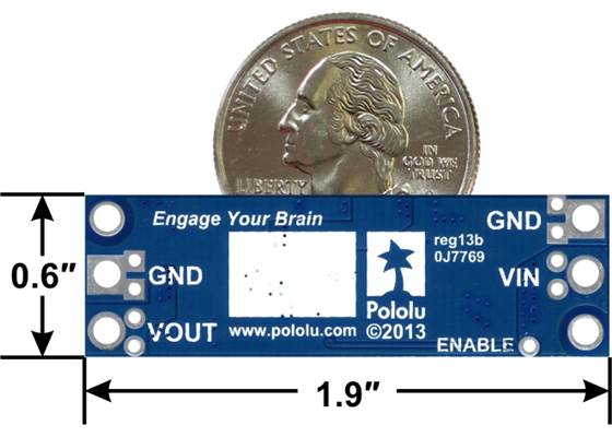 Pololu step-up voltage regulator U3V50x, bottom view with dimensions.