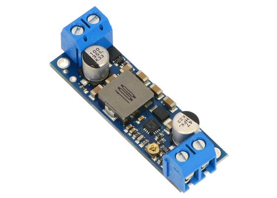 Pololu adjustable 9-30V step-up voltage regulator U3V50AHV, assembled with included terminal blocks.