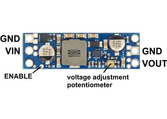 Pololu adjustable step-up voltage regulator U3V50Ax, labeled top view.