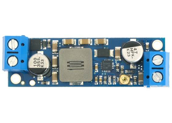 Pololu adjustable 4-12V step-up voltage regulator U3V50ALV, assembled with included terminal blocks.