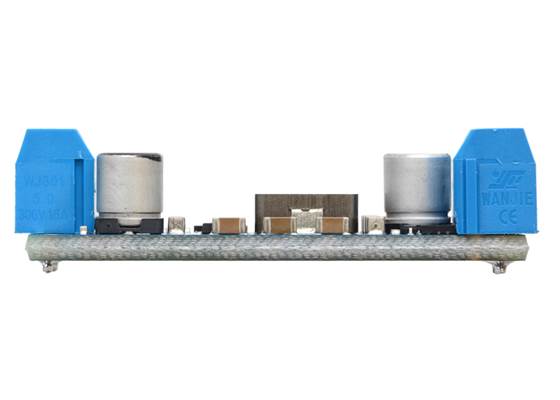 Pololu step-up voltage regulator U3V50x with included terminal blocks installed, side view.