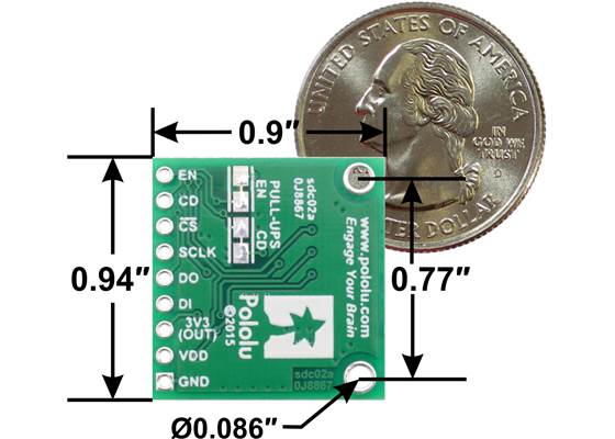 Breakout Board for microSD Card with 3.3V Regulator and Level Shifters, bottom view with dimensions.