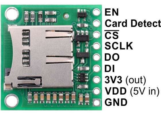 Breakout Board for microSD Card with 3.3V Regulator and Level Shifters, labeled top view.