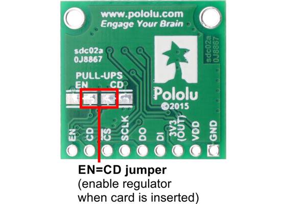 Breakout Board for microSD Card with 3.3V Regulator and Level Shifters, bottom view with the EN=CD jumper labeled.