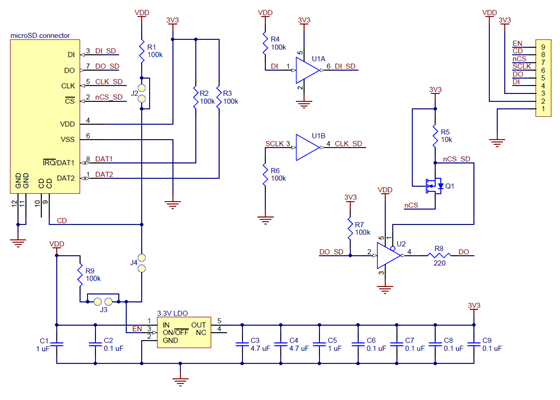 Breakout Board for Micro SD Card with 3.3V Regulator and Level Shifter schematic diagram.