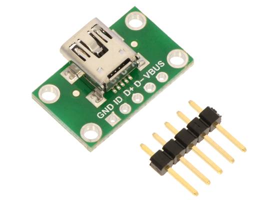 USB Mini-B connector breakout board with included optional header pins.