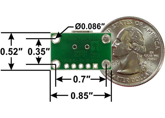 USB Mini-B connector breakout board, bottom view with dimensions.