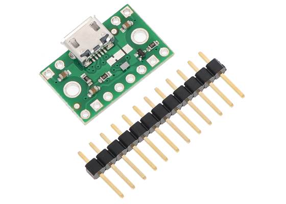 FPF1320 power multiplexer carrier with USB Micro-B connector with included optional header pins.