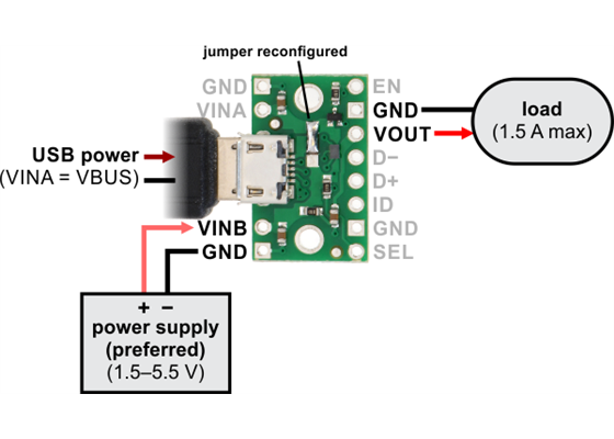 Typical connection diagram for using the FPF1320 power multiplexer carrier with USB as the non-preferred supply.