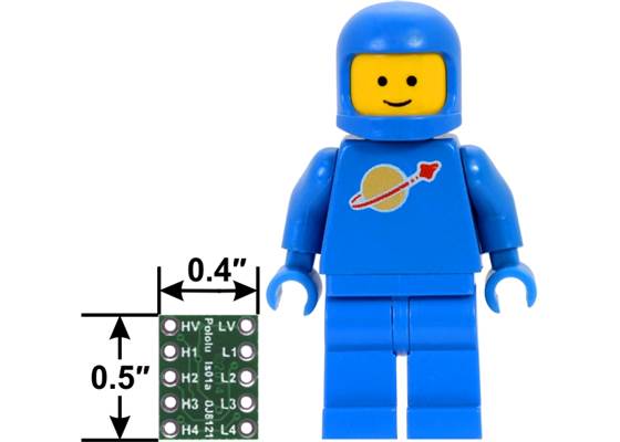 Logic level shifter, 4-channel, bidirectional, bottom view with dimensions next to a LEGO Minifigure for size reference.
