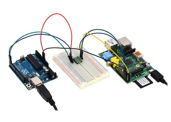 Using the 4-channel bidirectional logic level shifter to create a serial connection between a 5&nbsp;V Arduino Uno and a 3.3&nbsp;V Raspberry Pi.