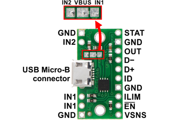 TPS2113A power multiplexer carrier with USB Micro-B connector pinout.