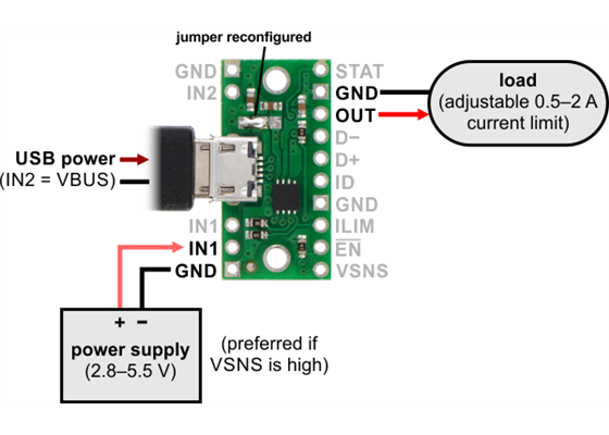 Typical connection diagram for using the TPS2113A power multiplexer carrier with USB as the non-preferred supply when VSNS is high.