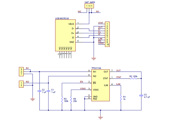 TPS2113A power multiplexer carrier with USB Micro-B connector schematic diagram.
