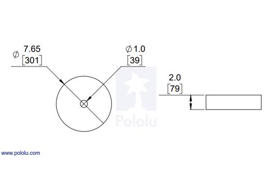Dimensions of the Magnetic Encoder Disc for Micro Metal Gearmotors.  Units are mm over [inches].