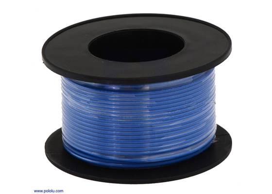 Stranded wire with blue insulation (available in various gauges; 26&nbsp;AWG spool shown).