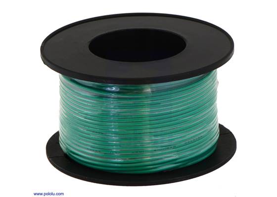 Stranded wire with green insulation (available in various gauges; 26&nbsp;AWG spool shown).