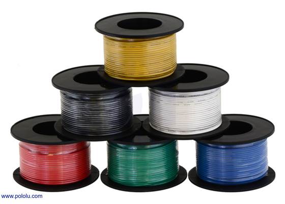 Assorted colors of stranded wire (available in various gauges; 26&nbsp;AWG spools shown).