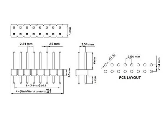 Dimension diagram of 0.100&quot; (2.54 mm) breakaway male header, straight, double-row.