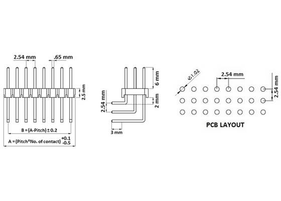 Dimension diagram of 0.100&quot; (2.54 mm) breakaway male header, right-angle, triple-row.