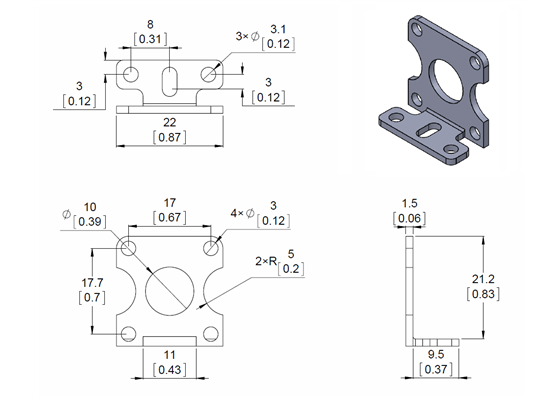 Mechanical drawing for the Pololu stamped aluminum L-bracket for plastic gearmotors.  Units are mm over [inches].