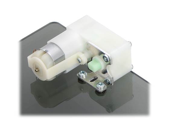 Plastic gearmotor with offset output (item #1118 or #1119) mounted with Pololu stamped aluminum L-bracket.