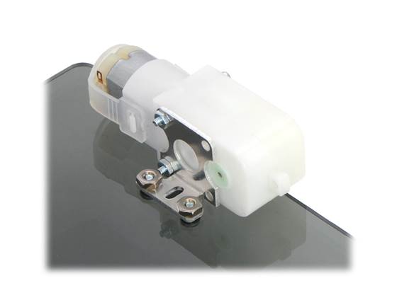 Plastic gearmotor with 90-degree output (item #1120 or #1121) mounted with Pololu stamped aluminum L-bracket.