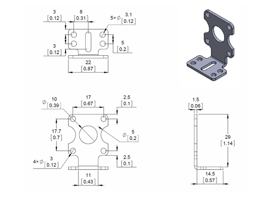 Mechanical drawing for the Pololu extended stamped aluminum L-bracket for plastic gearmotors.  Units are mm over [inches].