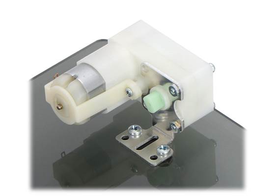 Plastic gearmotor with offset output (item #1118 or #1119) mounted with Pololu extended stamped aluminum L-bracket.