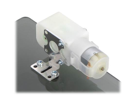 Plastic gearmotor with 90-degree output (item #1120 or #1121) mounted with Pololu extended stamped aluminum L-bracket.