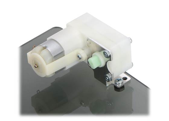 Plastic gearmotor with offset output (item #1118 or #1119) mounted with Pololu extended stamped aluminum L-bracket. (1)