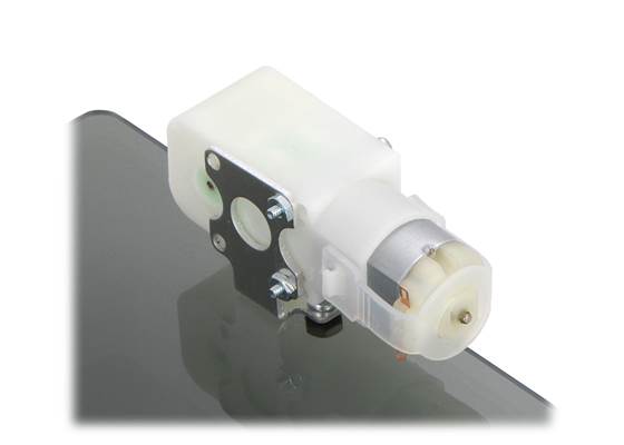 Plastic gearmotor with 90-degree output (item #1120 or #1121) mounted with Pololu extended stamped aluminum L-bracket. (1)
