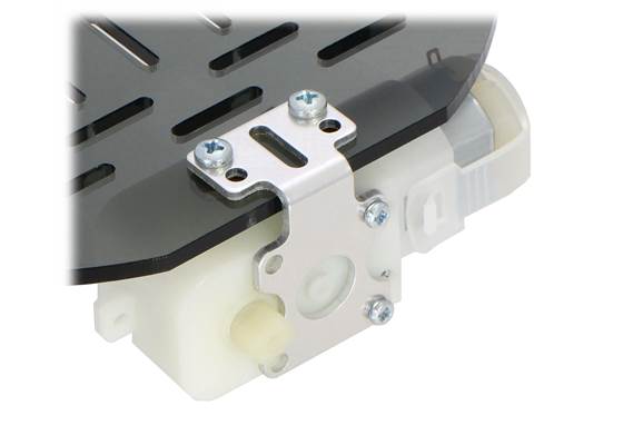 Plastic gearmotor with 90-degree output (item #1120 or #1121) mounted with Pololu extended stamped aluminum L-bracket. (2) (2)